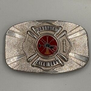 Vintage Oberlin Fire Dept Belt Buckle Hook-Fast Silver Tone Enamel Maltese Cross